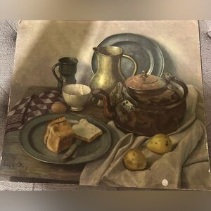 VTG Henk Bos Framed Breakfast Still Life Print Canvas Artist Signed  13.5X15.5”